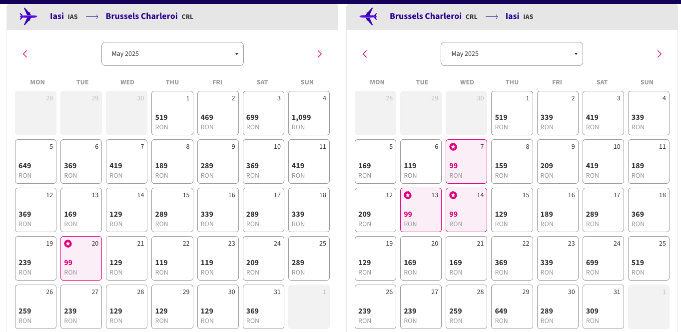 Captură de ecran cu zboruri WizzAir Iași-Bruxelles