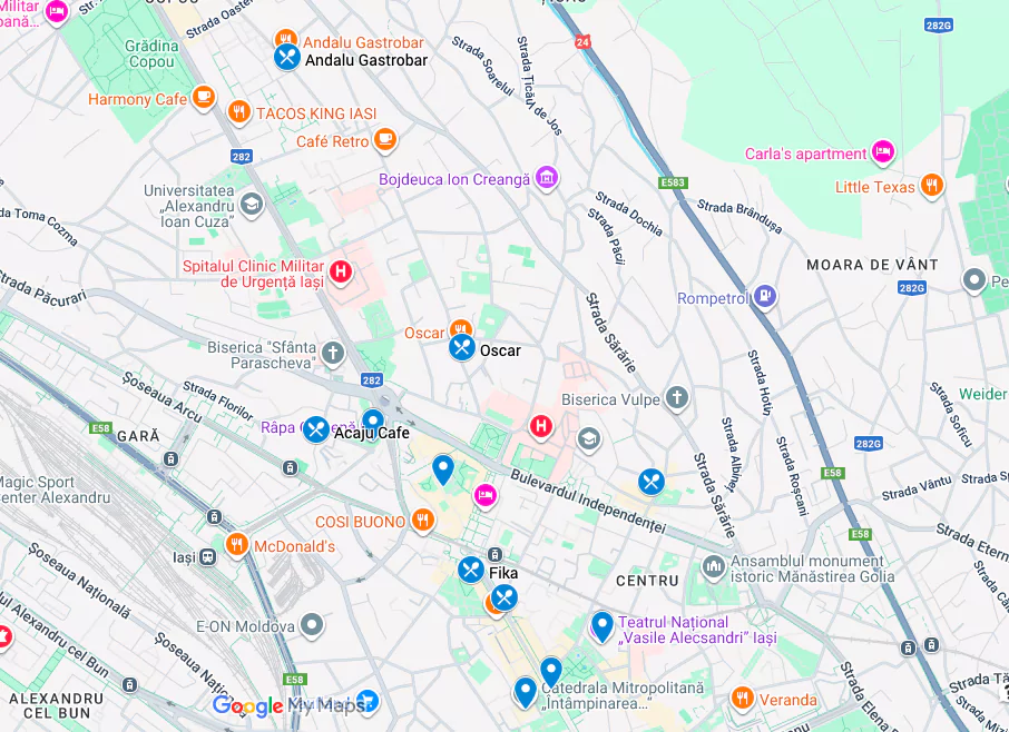 Harta cu atracții turistice pentru Centru Iași