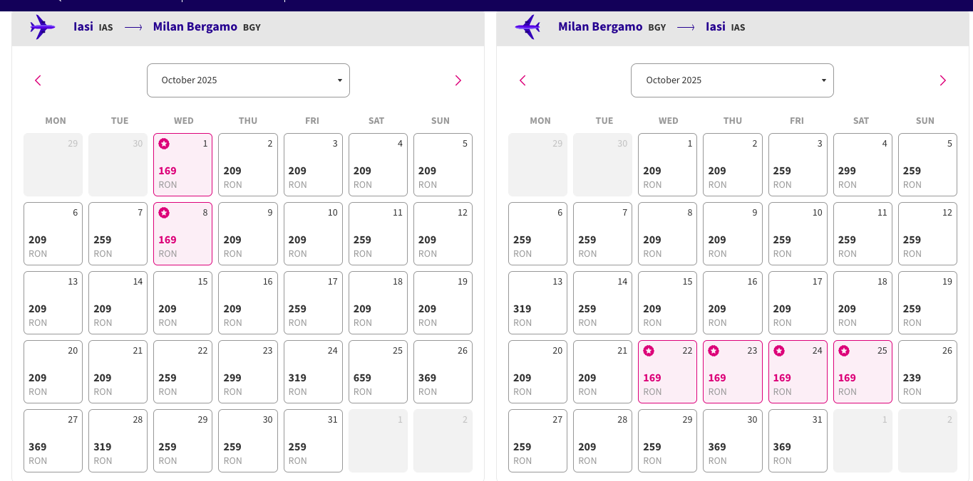 Captură de ecran cu zboruri WizzAir Iași-Bergamo