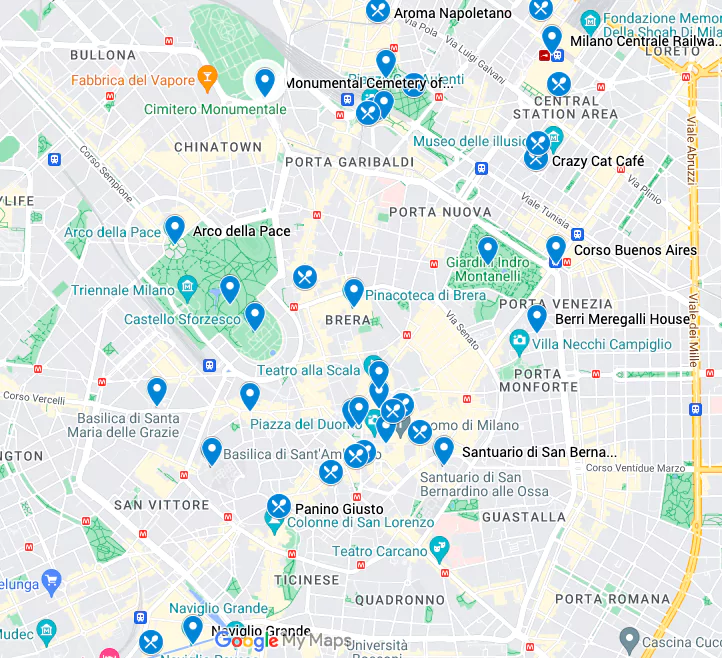 Harta cu atracții turistice Milano
