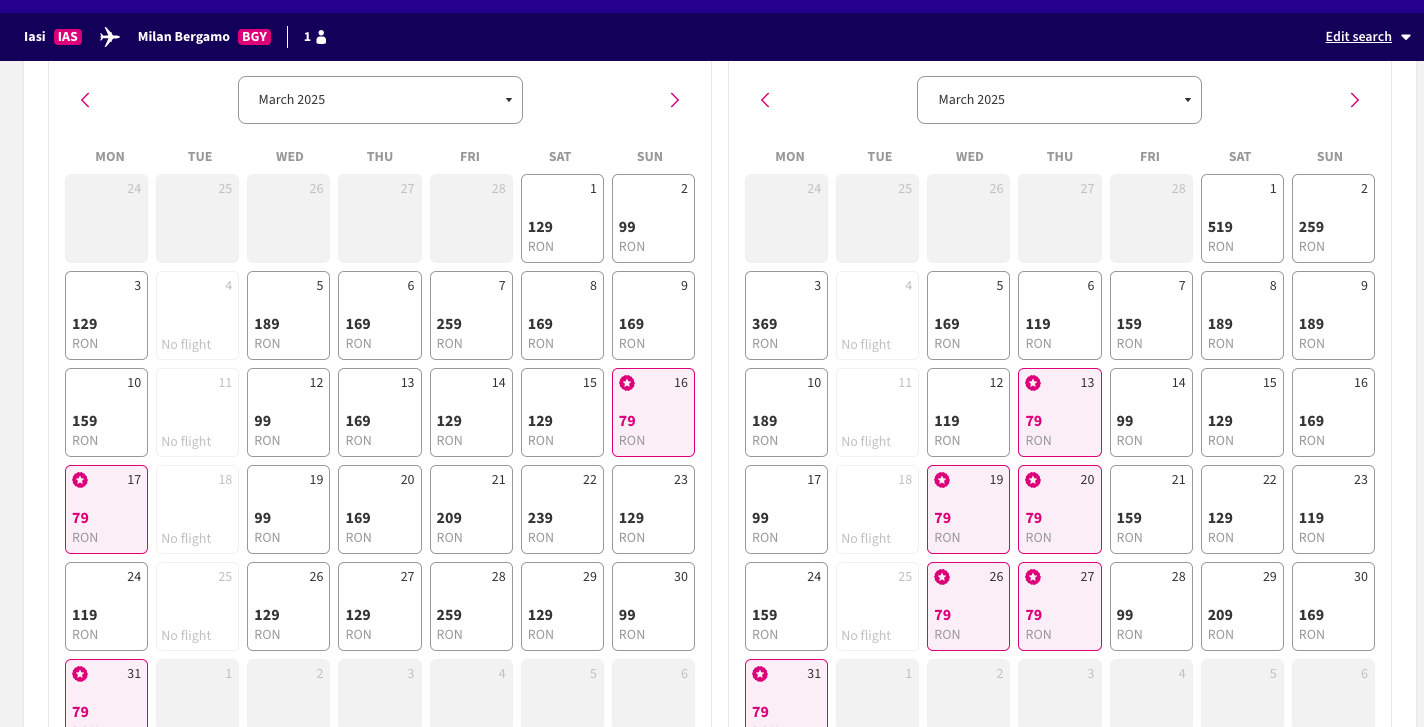 Captură de ecran cu zboruri WizzAir Iași-Milano Bergamo
