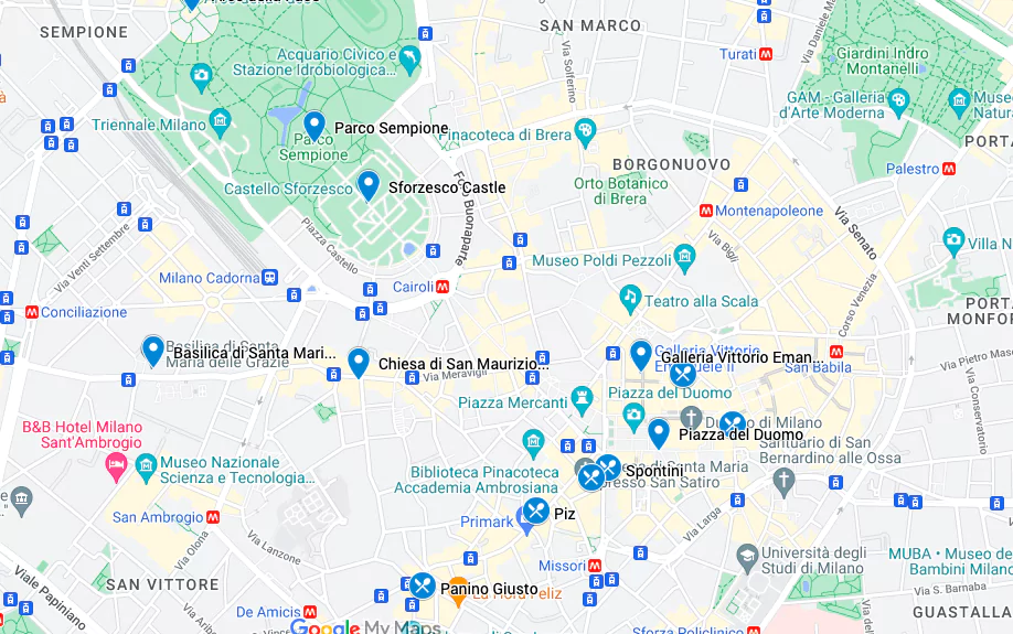 Harta cu atracții turistice pentru zona Domului din Milano