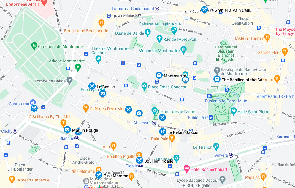 Harta cu atracții turistice pentru zona Montmarte