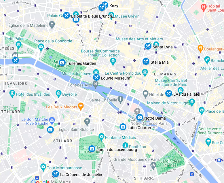 Harta cu atracții turistice pentru zona Louvre