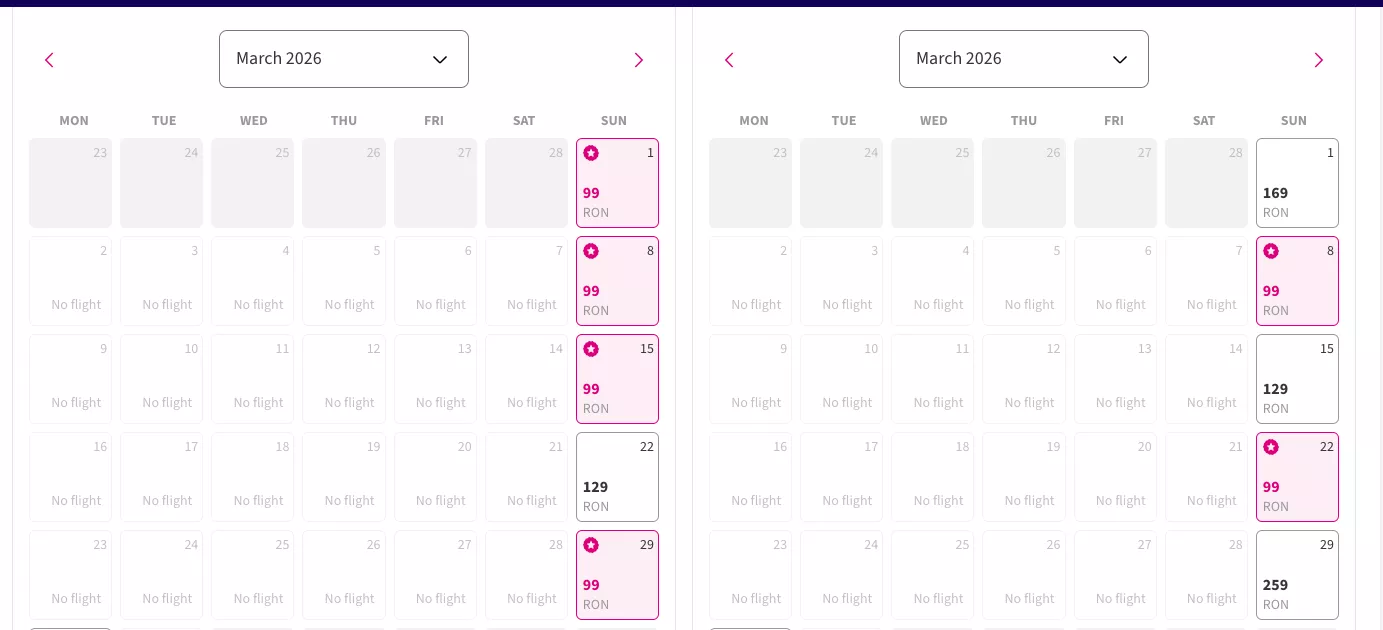 Captură de ecran cu zboruri WizzAir Iași-Veneția